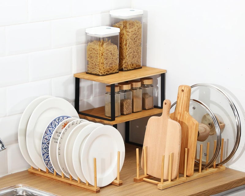 Marsui 4 Pcs Kitchen Organizer Accessories Set Cabinet Organizer Shelf and Bamboo Dish Drying Plate Rack Counter Shelves Storage Holder for Spice Rack, Dish, Pot Lid, Bowl, Cup(Light Color) - Image 5